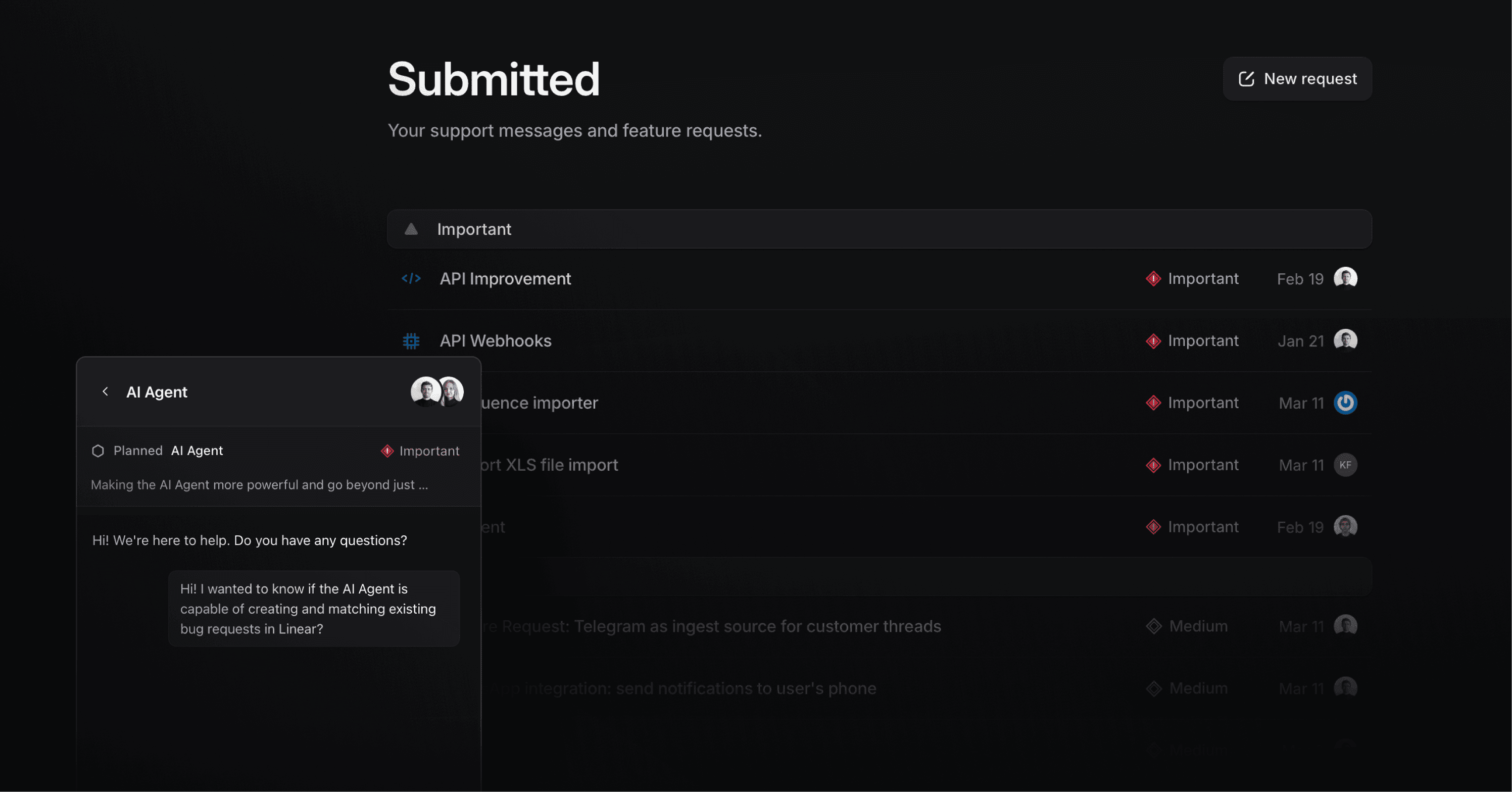 Support portal showing request tracking and embedded widget